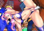  1girl areolae arikawa arm_grab armpits bare_arms bare_shoulders blue_eyes blush breasts censored character_request choker clothed_sex fellatio from_below highres large_breasts leg_up legs leotard long_hair looking_back mosaic_censoring mound_of_venus navel nipples oral penis pink_hair ponytail pubic_hair pussy sex sleeveless solo_focus source_request standing thighhighs thighs torn_clothes unzipped vaginal 
