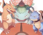  aqua_eyes blastoise brown_eyes cannon charizard claws dyson_(edaokunnsaikouya) gen_1_pokemon highres looking_at_viewer no_humans open_mouth poke_ball_print pokemon pokemon_(creature) red_eyes standing teeth tortoise turtle venusaur wings 