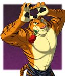  abs anthro biceps brown_fur claws clothed clothing disney feline flower fur green_eyes hi_res looking_at_viewer male mammal muscular orange_fur pecs pink_nose plant pokelai rose shorts smile solo standing stripes stripper_tiger_(zootopia) tiger topless white_fur zootopia 