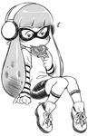  bike_shorts blush commentary_request domino_mask doughnut eating eyebrows food food_in_mouth greyscale headphones heart heart-shaped_pupils inkling long_hair long_sleeves mask monochrome nyxon shoes sneakers solo splatoon_(series) splatoon_1 symbol-shaped_pupils tentacle_hair thick_eyebrows 