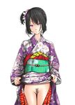  anraku_cho ass_visible_through_thighs black_hair blush bottomless closed_mouth clothes_lift expressionless floral_print hair_ornament hair_scrunchie highres japanese_clothes kimono kimono_lift lifted_by_self long_hair long_sleeves no_panties obi original pink_eyes pubic_hair red_ribbon ribbon sash scrunchie short_hair side_ponytail simple_background solo standing thigh_gap thighs white_background wide_sleeves 