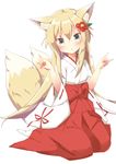  :o \m/ animal_ears blonde_hair bow brown_eyes double_\m/ flower fox_ears fox_shadow_puppet fox_tail hair_flower hair_ornament hakama highres japanese_clothes long_hair looking_at_viewer miko multiple_tails original red_hakama red_ribbon ribbon ribbon_trim seiza sitting solo tail tsubaki_(tatajd) two_tails white_background 