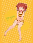 :d barefoot blush brown_hair character_name green_eyes hands_together idolmaster idolmaster_(classic) looking_at_viewer midriff navel open_mouth pigeon-toed romaji short_hair smile solo takatsuki_yayoi ting_come twintails v_arms yellow_background 