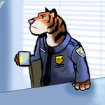  beverage blue_eyes clothing coffee disney feline food fur male mammal officer_tiger_(zootopia) police solo striped_fur stripes tiger uniform zootopia 