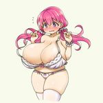  1girl areola_slip areolae blush bra breasts curvy huge_breasts long_hair open_mouth original panties pas_(paxiti) pink_hair plump purple_eyes solo standing thick_thighs thighhighs twintails underwear wardrobe_malfunction wide_hips 