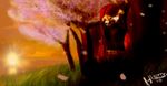  2016 afternoon asian digital_media_(artwork) eyes_closed female fur grass hair hi_res hierro(artist) long_hair mammal meditation orange_fur red_fur red_hair red_panda sakura_tree sea shengthu sitting tree water west_sun white_fur 