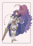  1boy 1girl alfonse_(fire_emblem) armor blonde_hair blue_eyes blue_hair cape closed_mouth commentary_request dress eyebrows_visible_through_hair fire_emblem fire_emblem_heroes floating fur_trim gloves gradient_hair hair_between_eyes hair_ornament hand_on_another&#039;s_shoulder hat holding holding_sword holding_weapon loki_(fire_emblem_heroes) long_hair multicolored_hair murabito_ba nintendo purple_dress purple_eyes purple_hair short_hair signature simple_background smile sword weapon white_footwear 