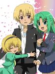  2girls aqua_eyes arm_holding bangs blonde_hair blush brother_and_sister brown_eyes child closed_eyes fang green_hair hair_ribbon happy hetero higurashi_no_naku_koro_ni houjou_satoko houjou_satoshi hug long_hair multiple_girls necktie official_style petals pleated_skirt ribbon school_uniform serafuku siblings skirt smile sonozaki_shion 