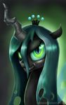  2015 changeling crown fangs female feral friendship_is_magic gradient_background green_eyes green_hair hair horn looking_at_viewer membranous_wings my_little_pony portrait queen_chrysalis_(mlp) reillyington86 simple_background smile solo wings 