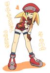  bent_over bike_shorts blonde_hair derivative_work gloves green_eyes long_hair muu_(mumumer) open_mouth parody rockman rockman_dash roll_caskett smile solo 