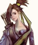  1girl arrow bandage brown_hair closed_mouth cloud collarbone dragon genderswap genderswap_(mtf) green_eyes hair_over_one_eye hanzo_(overwatch) highres kyung_han_kim medium_hair overwatch pink_lips ponytail quiver simple_background solo tattoo tied_hair upper_body white_background 