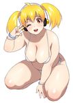  bikini blonde_hair blush breasts cleavage commentary_request headphones huge_breasts jinroku looking_at_viewer navel nitroplus one_eye_closed open_mouth orange_eyes plump short_hair smile solo super_pochaco swimsuit twintails v_over_eye white_bikini 