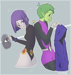  1boy 1girl ass back-to-back beast_boy_(dc) bodysuit cloak dc_comics forehead_jewel green_hair green_skin leotard nj-i_[mmjh] purple_hair raven_(dc) smile teen_titans 