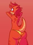  argonian audrey blush butt clothed clothing eyelashes fangs female flat_chested hair orange_hair panties raised_tail scalie smile solo standing steeckykees_(artist) teeth the_elder_scrolls topless underwear video_games 