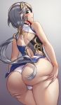  1girl ass ass_grab back blue_eyes blush breasts china_dress chinese_clothes dress from_behind fu_hua hands_on_own_ass honkai_(series) honkai_impact_3 huge_ass long_hair looking_at_viewer looking_back myurumyuru panties ponytail small_breasts solo spread_ass thick_thighs thighs underwear white_panties wide_hips 
