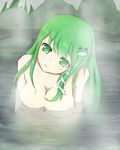  1girl breasts convenient_censoring green_eyes green_hair head_tilt kochiya_sanae long_hair minami-nyan touhou 