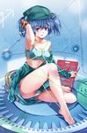  backpack bad_id bad_pixiv_id bag bare_shoulders barefoot blue_eyes blue_hair breasts cleavage collarbone hat kawashiro_nitori long_legs medium_breasts navel panties pantyshot pico_(picollector79) skirt solo string tank_top tool_kit touhou underwear wrench 