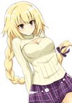  arms_behind_back blonde_hair blue_eyes blush braid breasts capsule_servant cleavage cleavage_cutout fate/apocrypha fate_(series) jampen jeanne_d'arc_(fate) jeanne_d'arc_(fate)_(all) long_hair medium_breasts meme_attire open-chest_sweater plaid plaid_skirt purple_skirt simple_background single_braid skirt solo sweater turtleneck white_background 
