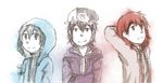  androgynous black_hair frilled_hat frills green_eyes green_hair hat hood hooded_jacket hoodie jacket len'en multiple_others necktie purple_eyes red_eyes red_hair shitodo_aoji shitodo_hooaka shitodo_kuroji short_hair siblings smile triangular_headpiece yamanoskk 