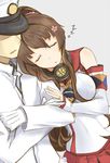  1girl admiral_(kantai_collection) bare_shoulders breasts brown_hair cherry_blossoms closed_eyes commentary_request crossed_arms hand_on_another's_arm hat head_on_shoulder highres jewelry kantai_collection long_hair married medium_breasts military military_uniform naval_uniform pallad peaked_cap ponytail ring sleeping sleeping_on_person uniform wedding_band yamato_(kantai_collection) z_flag zzz 