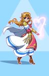  1girl akairiot blue_eyes boots bracer brown_hair cape commentary dress earrings english_commentary full_body heart high_heel_boots high_heels highres jewelry long_dress long_hair looking_at_viewer nintendo pointy_ears princess_zelda sidelocks smile solo standing super_smash_bros. super_smash_bros._ultimate tabard the_legend_of_zelda tiara toeless_boots toes triforce 