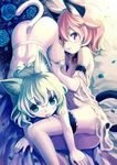  all_fours animal_ears ass bare_shoulders bell bell_collar blue_eyes bottomless cat_ears cat_tail collar flower green_hair kemonomimi_mode komeiji_koishi komeiji_satori leg_garter licking long_legs looking_at_viewer lying minamura_haruki multiple_girls navel off_shoulder on_bed on_side open_clothes open_shirt parted_lips petals pink_hair purple_eyes rose shirt short_hair siblings sisters smile tail tongue tongue_out touhou 