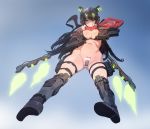  1girl absurdres ass black_gloves black_hair boots breasts brown_eyes cleavage crotch_plate dual_wielding flying gloves green_eyes groin gun helmet highres holding holding_gun holding_weapon ihobus long_hair navel open_mouth original ponytail scarf solo thigh_strap weapon 