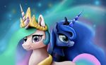  2015 abstract_background blue_eyes blue_fur blue_hair crown duo equine female feral friendship_is_magic fur hair horn jewelry mammal multicolored_hair my_little_pony necklace princess_celestia_(mlp) princess_luna_(mlp) purple_eyes reillyington86 smile white_fur winged_unicorn wings 