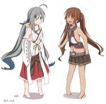  ahoge alternate_costume bare_shoulders barefoot blue_hair brown_hair closed_eyes commentary_request cosplay detached_sleeves fang grey_eyes grey_hair haruna_(kantai_collection) haruna_(kantai_collection)_(cosplay) kantai_collection kiyoshimo_(kantai_collection) libeccio_(kantai_collection) long_hair low_twintails multicolored_hair multiple_girls mutsu_(kantai_collection) mutsu_(kantai_collection)_(cosplay) navel nontraditional_miko open_mouth oversized_clothes ribbon-trimmed_sleeves ribbon_trim riz_(ravel_dc) skirt twintails twitter_username 