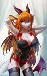  anthro big_breasts blue_eyes bow breasts cleavage clothed clothing dragon energy female ginger_hair grey_skin hair horn legwear lingerie long_hair looking_at_viewer melloque panties scalie smile solo stockings underwear wings 