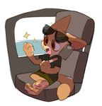  anthro canine cellphone clothed clothing cloudyshin disney eyewear fennec finnick food fox fur male mammal naekkeo open_mouth phone sitting solo sunglasses zootopia 