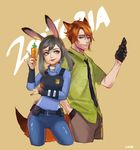  1girl animal_ears artist_name bad_id bad_pixiv_id bangs beige_background belt belt_pouch black_gloves blue_pants blue_shirt brown_pants bunny_ears bunny_tail carrot cellphone collared_shirt copyright_name cropped_legs disney dress_shirt fox_ears fox_tail freckles gloves green_eyes green_shirt grey_hair grey_nails hair_between_eyes half_gloves hand_in_pocket hiruchan holding holding_phone humanization judy_hopps long_sleeves looking_at_another looking_at_viewer looking_to_the_side nail_polish necktie nick_wilde orange_hair pants phone police police_uniform pouch print_shirt purple_eyes shirt short_hair short_sleeves simple_background striped striped_neckwear swept_bangs tail uniform zootopia 