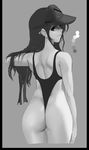  1girl ass bare_shoulders breasts character_request female legs leotard looking_back monochrome smile xplotter 