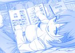  ai-chan_(tawawa) bangs blue book bra bra_strap braid breasts buttons cleavage downblouse eyebrows eyebrows_visible_through_hair from_above from_behind getsuyoubi_no_tawawa himura_kiseki knees_together_feet_apart large_breasts long_sleeves looking_at_viewer looking_back monochrome no_shoes open_book open_mouth photo_album pointing pov side_braid sitting sitting_on_lap sitting_on_person smile socks solo_focus tatami underwear 