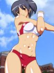  abs ass ass_visible_through_thighs bare_shoulders black_hair blue_sky blush breasts brown_eyes building buruma cloud commentary_request cowboy_shot day gym_uniform headband kantai_collection looking_at_viewer medium_breasts nagara_(kantai_collection) navel noppo-san one_side_up outdoors short_hair sky smile solo standing stomach stretch thigh_gap thighs toned 