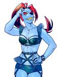  2016 alpha_channel anthro blue_skin breasts clothed clothing eye_patch eyewear fangs female fish hair hand_on_head hand_on_hip kqbuk2 lingerie long_hair looking_at_viewer marine muscular muscular_female pose red_hair sharp_teeth solo standing teeth undertale underwear_only undyne video_games yellow_eyes 