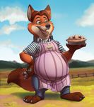  2016 anthro apron barefoot brown_hair canine clothed clothing disney food fox gideon_grey green_eyes hair male mammal outside overweight pie solo standing teaselbone zootopia 