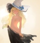  bad_id bad_twitter_id blonde_hair breasts gradient gradient_background hat hat_ribbon kirisame_marisa long_hair looking_at_viewer nude ribbon small_breasts solo tan touhou viridiflora witch_hat yellow_eyes 