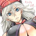  1girl alisa_ilinichina_amiella amania_orz blue_eyes blush breasts god_eater god_eater_burst large_breasts long_hair looking_at_viewer no_bra silver_hair simple_background solo sweat underboob white_background 