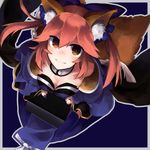  animal_ears blue_background blue_legwear bow breasts cleavage detached_sleeves fate/extra fate_(series) fox_ears fox_tail hair_bow hair_ribbon highres japanese_clothes kakisi1328 medium_breasts pink_hair ribbon simple_background solo tail tamamo_(fate)_(all) tamamo_no_mae_(fate) yellow_eyes 