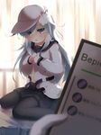  backlighting bed black_legwear commentary gengetsu_chihiro grey_eyes hat hibiki_(kantai_collection) highres kantai_collection long_hair long_sleeves looking_at_viewer on_bed open_mouth out_of_frame pantyhose pov pov_hands school_uniform serafuku silver_hair sitting skirt solo_focus undressing verniy_(kantai_collection) very_long_hair wariza window 