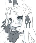  :&lt; adjusting_eyewear animal_ears fox_ears furry glasses kishibe long_hair monochrome original ribbon school_uniform sketch solo sweater upper_body 