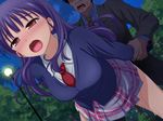  1girl arm_grab bent_over blue_hair blush breasts clothed_sex dutch_angle floating_hair highres large_breasts leaning_forward legs long_hair long_sleeves looking_at_viewer moaning necktie night open_mouth original outdoors park plaid_skirt pussy_juice red_eyes school_uniform sex skirt sky solo_focus suit thighs trees vaginal wet 