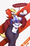  anthro big_breasts blush bow breasts canine chest_tuft clothed clothing delphox english_text female food fox hand_on_hip inner_ear_fluff lips looking_at_viewer mammal milk nintendo nipple_bulge partially_clothed pok&eacute;mon r-mk smile solo text thick_thighs tuft video_games voluptuous waiter 