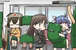  :3 :d arashio_(kantai_collection) bike_shorts blue_hair brown_eyes brown_hair cane cannon commentary dated drum_(container) facial_hair fang flight_deck geta hachimaki hair_ribbon hamu_koutarou headband hiryuu_(kantai_collection) i-19_(kantai_collection) kantai_collection long_hair machinery multiple_girls mustache name_tag newspaper open_mouth pun red_eyes ribbon school_swimsuit side_ponytail sleeping sleeping_upright smile star star-shaped_pupils suspenders swimsuit symbol-shaped_pupils teruyof torpedo train_interior tri_tails zzz 
