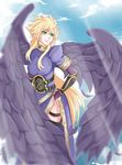  absurdres artist_request black_feathers blonde_hair breath_of_fire breath_of_fire_ii feathers green_eyes highres long_hair nina_(breath_of_fire_ii) purple_wings solo source_request wings 