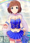  blue_eyes breasts brown_hair cape cleavage hairband idolmaster idolmaster_cinderella_girls kudou_shinobu medium_breasts navel rainbow ryuusei_(ryuse1116) short_hair smile solo star star-shaped_pupils symbol-shaped_pupils umbrella 