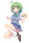  :d @_@ ahoge bad_id bad_nicoseiga_id bangs bare_legs blue_sky blunt_bangs blush bow bowtie breasts brown_footwear can copyright_request crazy_eyes eyebrows eyebrows_visible_through_hair full_body green_bow green_eyes green_hair green_neckwear kneehighs large_breasts loafers looking_at_viewer open_mouth renoa_yu shirt shoes short_hair short_sleeves sky smile soda_can solo tareme thighs white_legwear white_shirt 