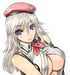 alisa_ilinichina_amiella amania_orz blue_eyes breasts god_eater god_eater_2:_rage_burst large_breasts long_hair looking_at_viewer no_bra silver_hair simple_background smile solo underboob white_background 