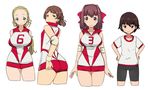  adjusting_clothes adjusting_shorts arms_behind_back ass back bike_shorts blonde_hair breasts brown_eyes brown_hair cropped_legs girls_und_panzer gym_shorts gym_uniform hair_pulled_back hairband hands_on_hips headband highres isobe_noriko kawanishi_shinobu kei_(soundcross) kondou_taeko large_breasts long_hair looking_at_viewer looking_back multiple_girls number sankuma sasaki_akebi shirt short_hair short_shorts short_sleeves shorts simple_background sleeveless smile sportswear volleyball_uniform white_background 